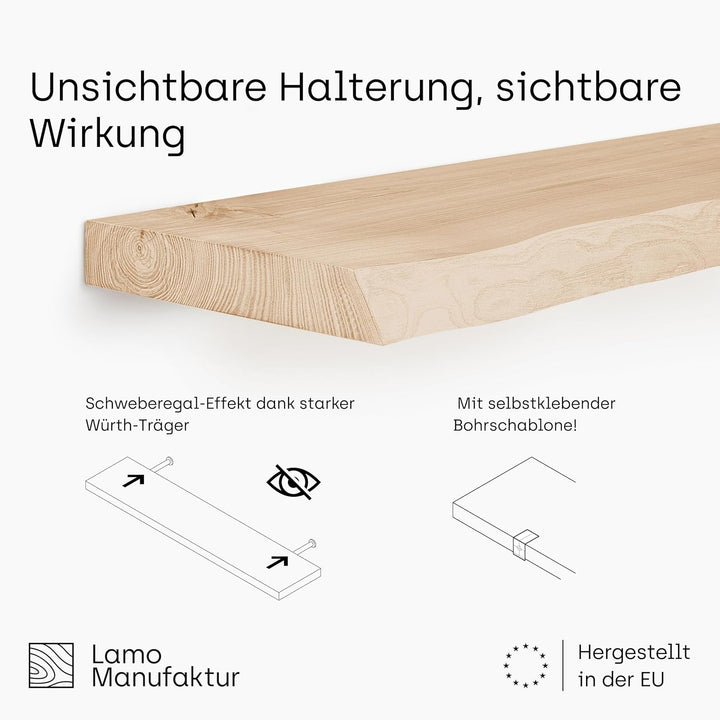 LAMO Manufaktur Wandregal Holz Gerade | Regal Farbe: Roh | Invisible: Schweberegal | 60 cm Invisible