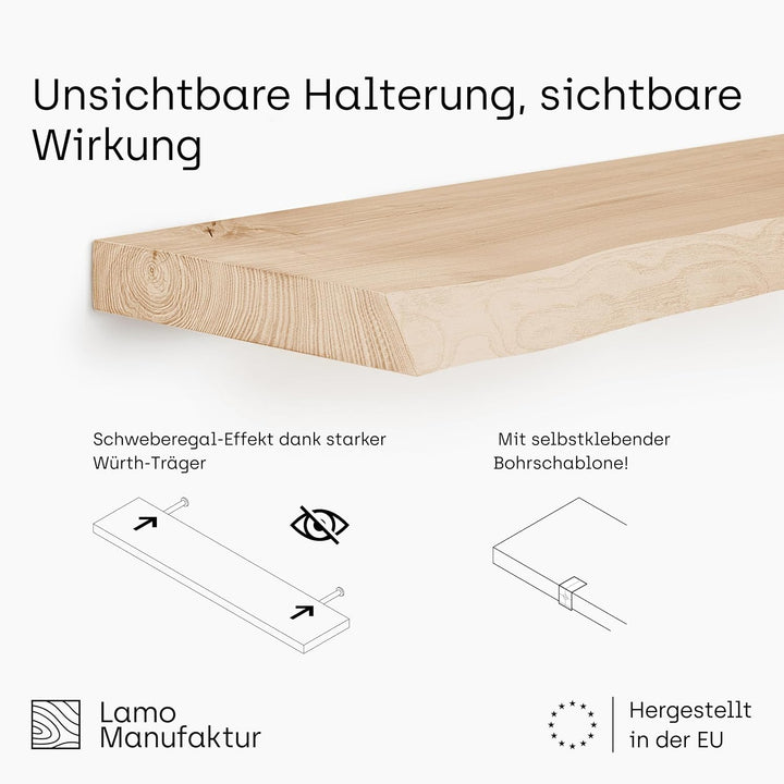 LAMO Manufaktur Wandregal Holz Gerade | Regal Farbe: Roh | Invisible: Schweberegal | 40 cm Invisible