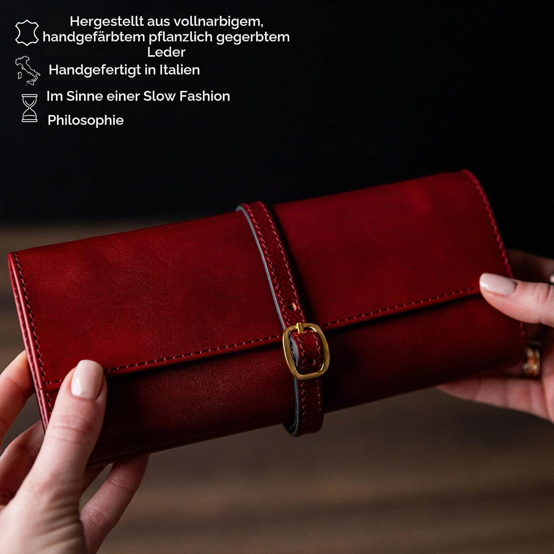 Time Resistance Rot Leder Schmuck Organizer – 100% Leder Schmuckrolle für Reisen Hergestellt in Ital