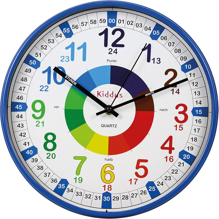 Kiddus Kinder Wanduhr, Jungen und Mädchen, Analoger Lernuhr mit Zeitlernübungen, Kinderwanduhr Ohne
