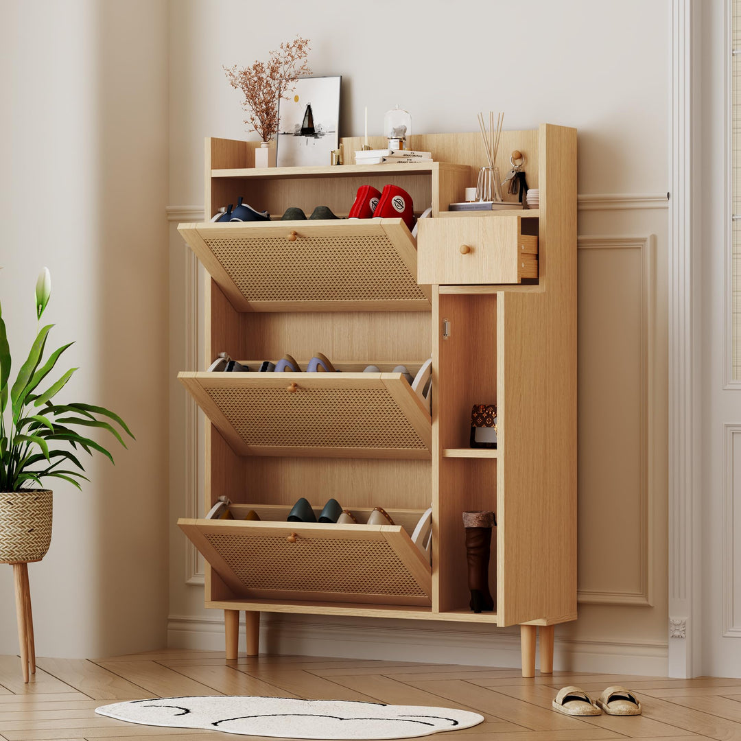 Merax Schuhkipper Schmal, Holzwerkstoff Schuhschrank aus Rattan, Schuhregal mit 3 Klappenschubladen,