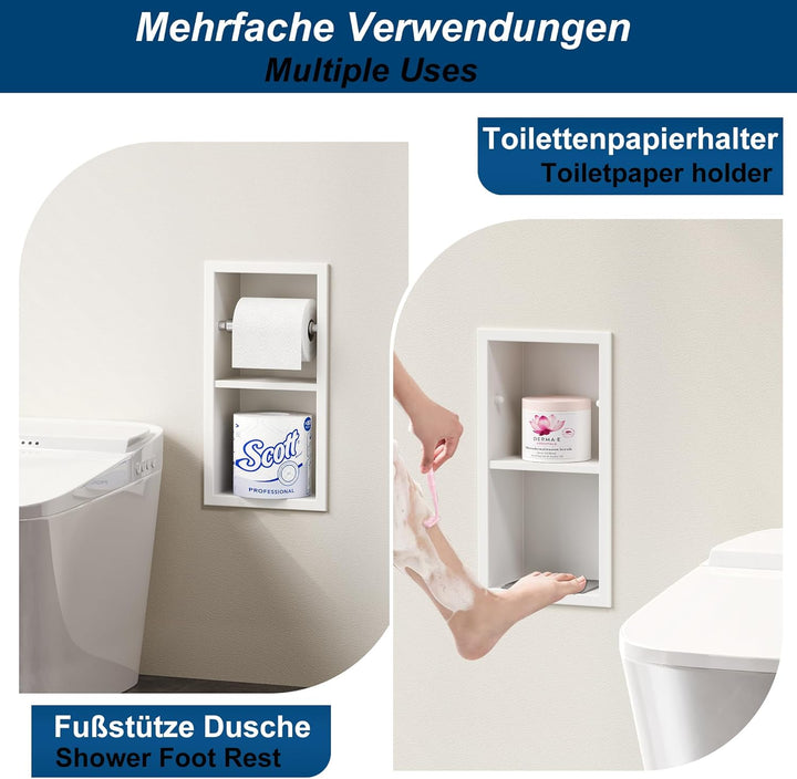 Neodrain Unterputz-Toilettenpapierhalter Edelstahl Wandnische mit Regal WC-Papierhalter Weiss Papier