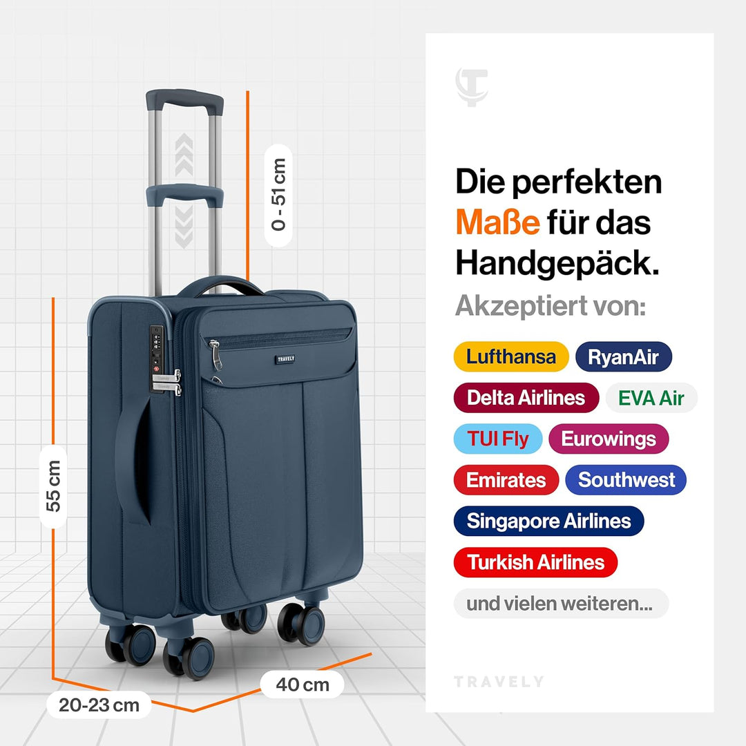 Travely Stoffkoffer M - Handgepäck Koffer mit Laptopfach bis 15,6", Koffer mit 4 Rollen und TSA Zahl