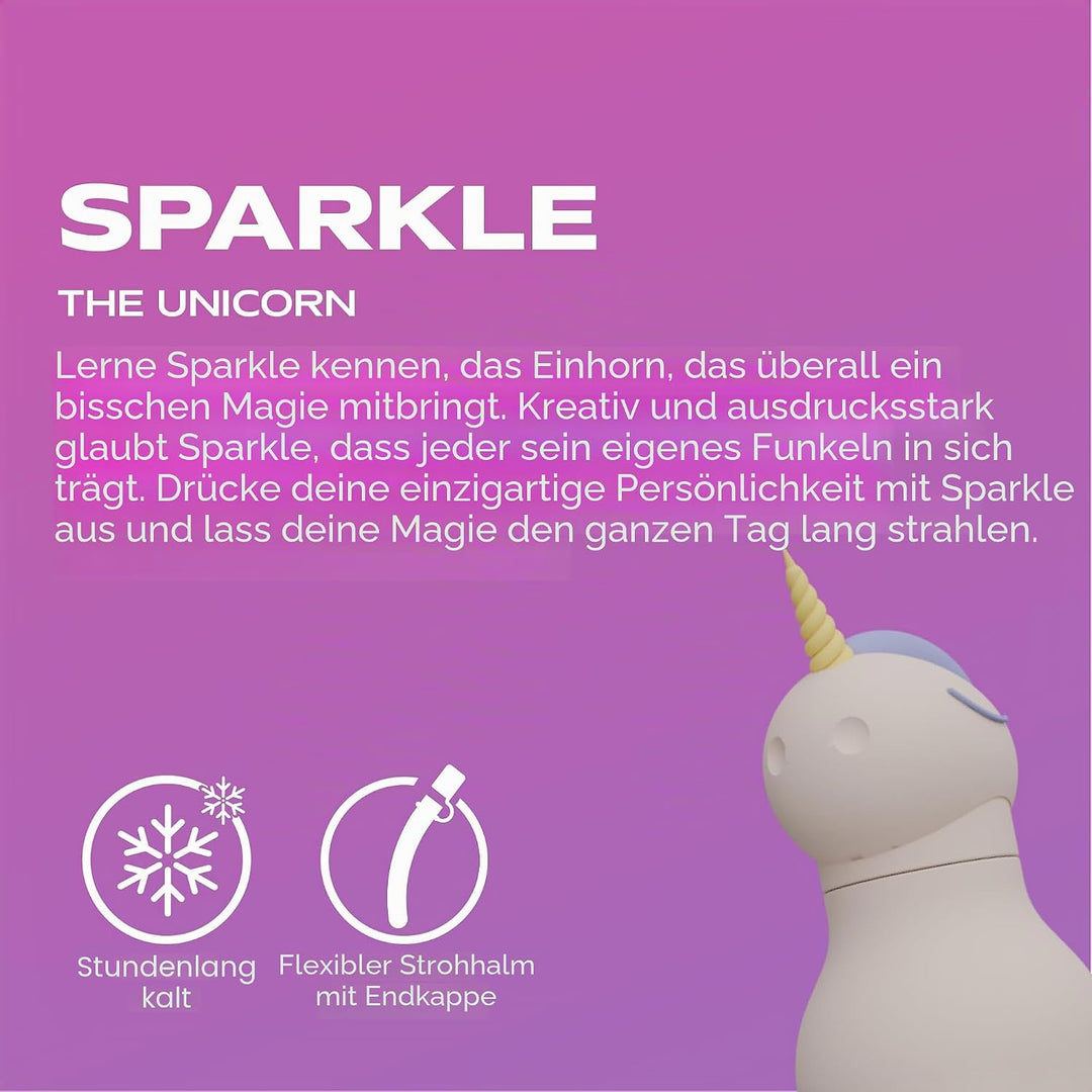 ASOBU Bestie Kindertrinkflasche mit Strohhalm – Isolierte Edelstahlflasche 420ml mit Einhornkopf – A