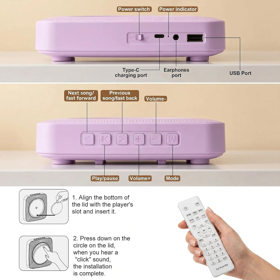 Gueray Desktop CD Player Bluetooth CD-Spieler mit Lautsprechern für Zuhause 1800mAh Tragbarer CD-Pla