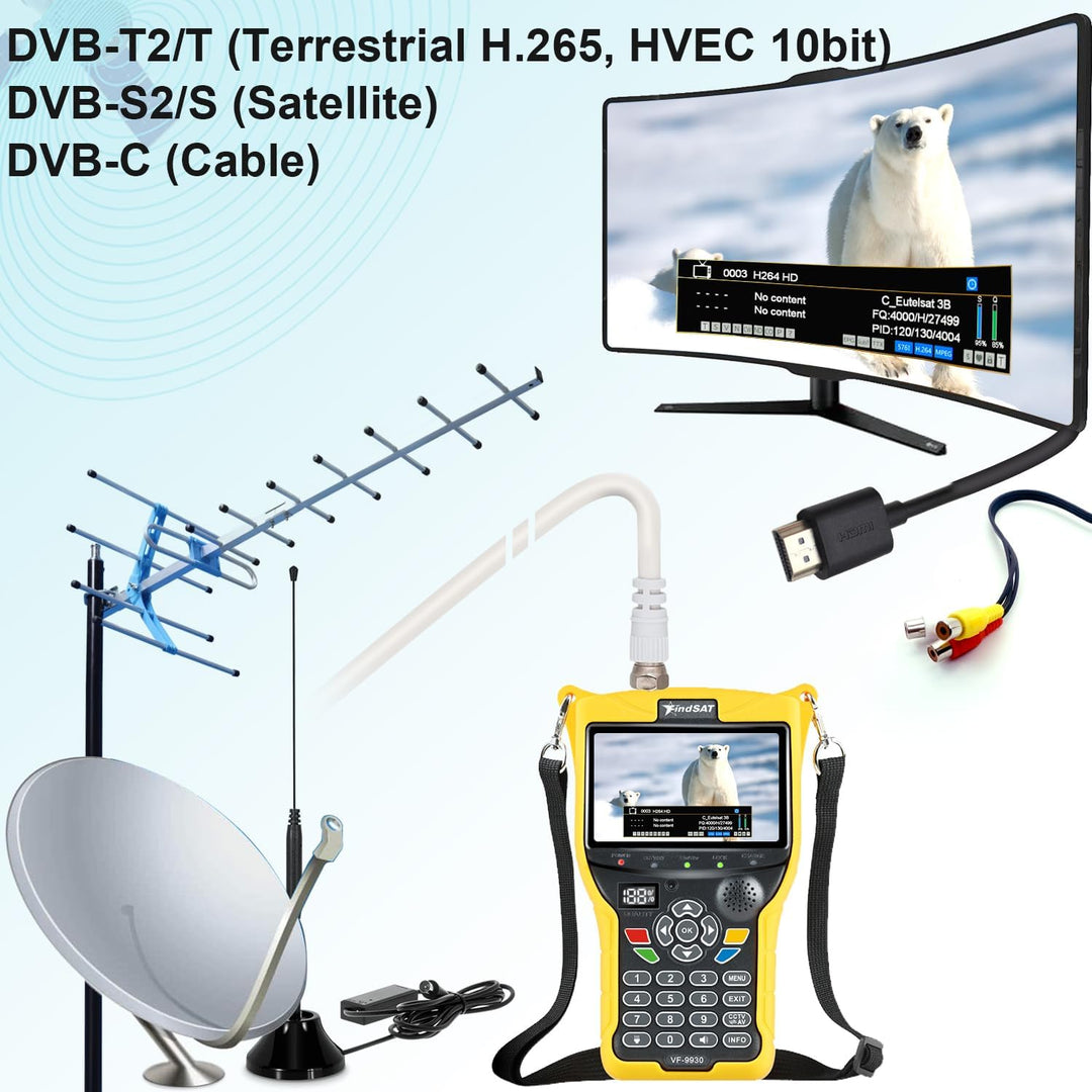 VF9930 Max Sat Finder HVEC 10bit, Satelliten Finder mit Bildschirm 4,3" LCD und TV DVB-S2/S/T2/T/C E