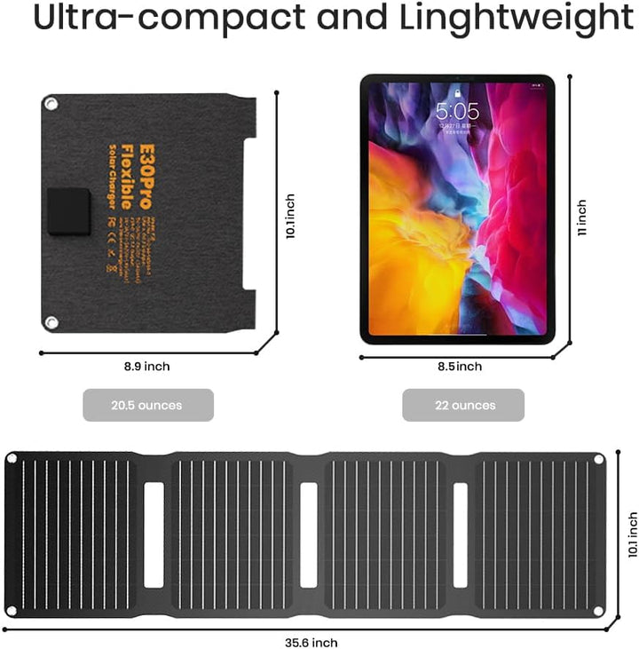 FlexSolar 30 W Solarpanel, faltbar, tragbar, Solar-Ladegerät, QC3.0, 18 W, USB-A, USB-C-Ausgang, IP6