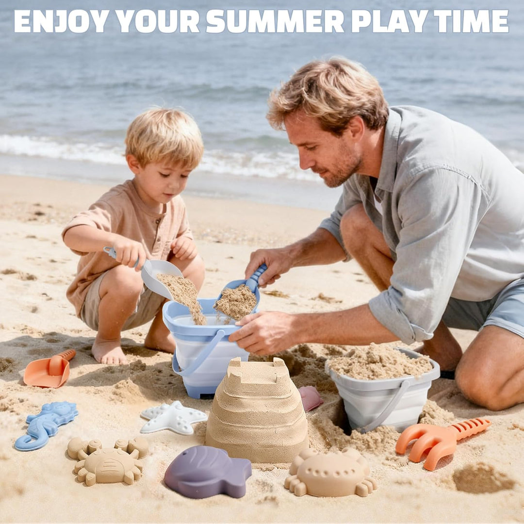 Dreamon Sandspielzeug Strandspielzeug Kinder, 18 PCS Reise Sandspielzeug mit Faltbarer Eimer, Sandka