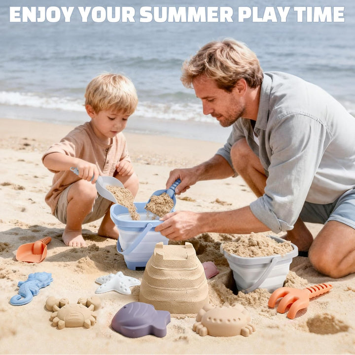 Dreamon Sandspielzeug Strandspielzeug Kinder, 18 PCS Reise Sandspielzeug mit Faltbarer Eimer, Sandka