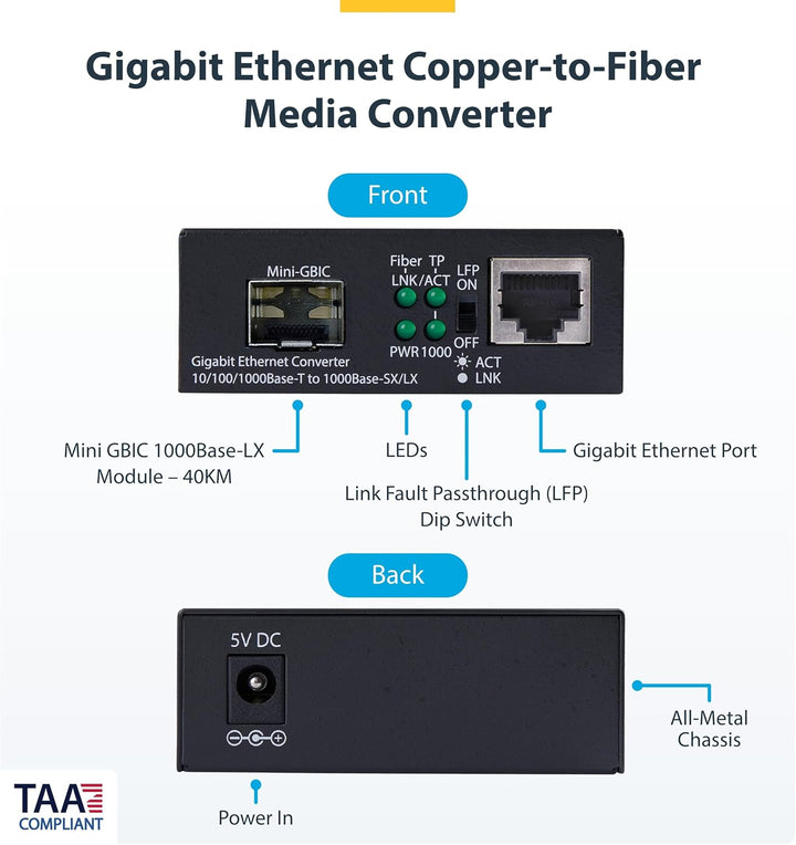 StarTech.com Gigabit Singlemode (SM) LC Glasfaser-Medienkonverter, 10, 100 oder 1000Mbps, 40 km, RJ4