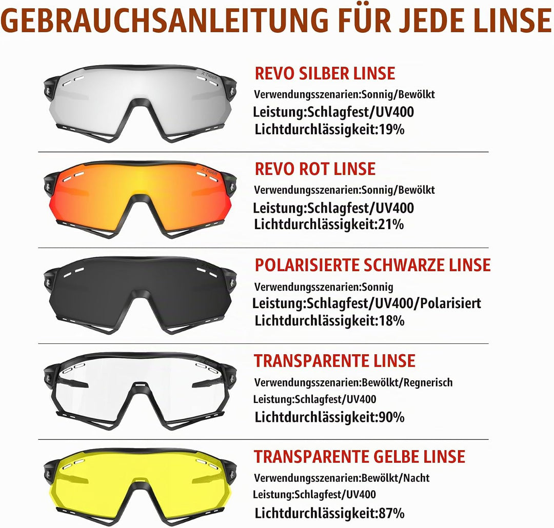 X-TIGER Fahrradbrille, UV400 mit 5 Wechselgläser,Herren Damen Sportbrille, Starker TR90 Frame,Outdoo