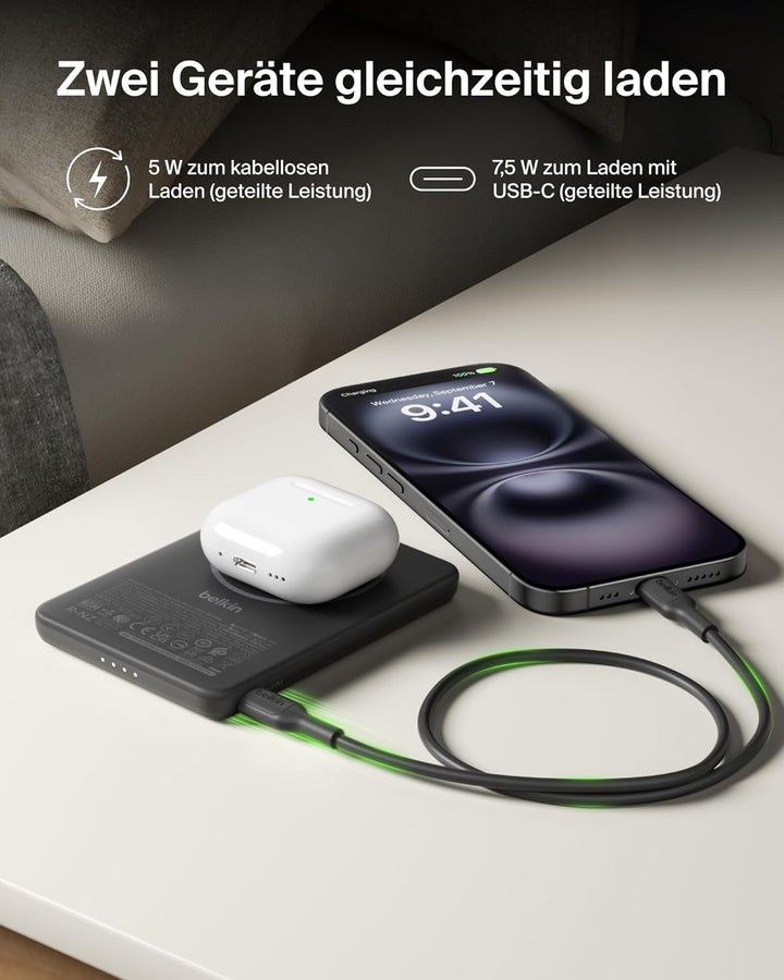 Belkin BoostCharge Magnetische Powerbank 5000mAh, 7.5W, Dünne Qi2 Power Bank mit Magnetring und USB