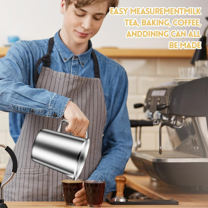 Messbecher Edelstahl 1L, Milchkännchen mit Markierung mit Griff, Messkanne Milk Pitcher, Milchaufsch