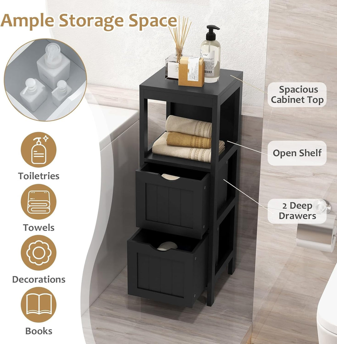 LIFEZEAL Badschrank Klein, Badezimmerschrank mit 2 Schubladen, Freistehender Badkommode Holz, Schmal