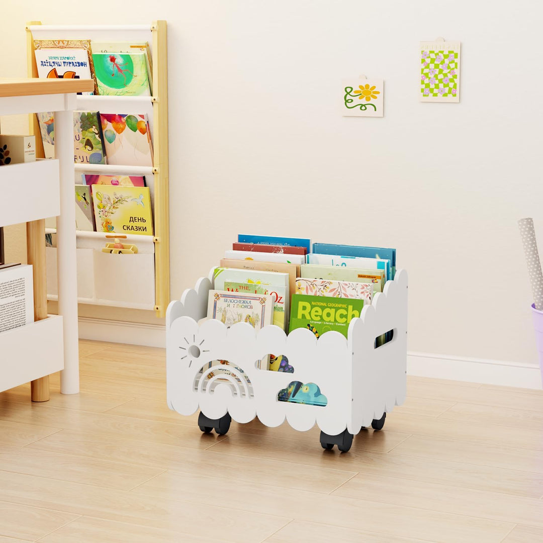 Kinder Bücherregal Holz mit Rollen, Montessori Bücherregal Kinder, Bücherkiste für Leseecke, Babyzim