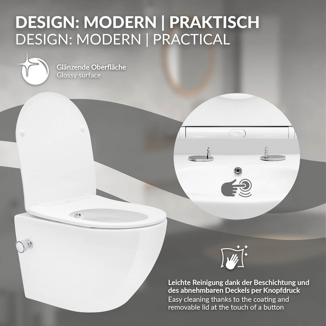 LuxeBath Spülrandloses Wand Hänge Dusch WC Weiss kurz aus Keramik mit Bidet-Funktion, Wand WC mit WC