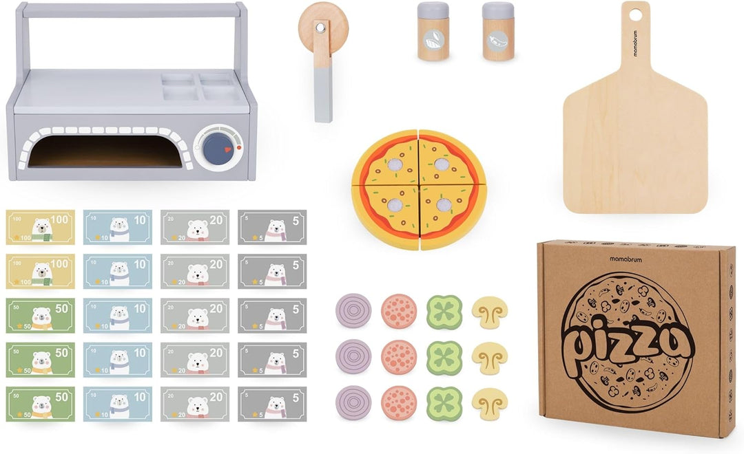 Mamabrum Holz Pizza-Backset mit Pizzaofen, Pizzastücke mit Klettverschluss, Zutaten-Scheiben, Spate