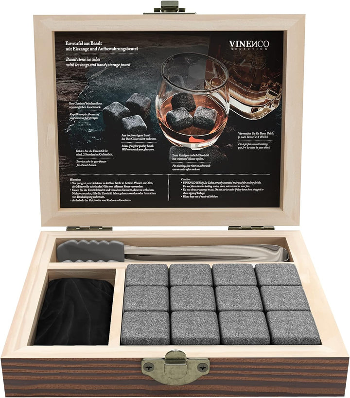 Whisky Steine Set - 12 Wiederverwendbare Basalt Eiswürfel, Zange + Stoffbeutel, Whiskey Ice Cubes Kü