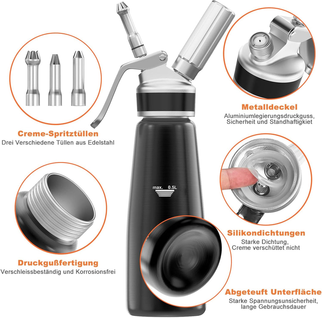 Sahnespender 500 ml, Professioneller Aluminium Sahnesiphon, mit 3 Edelstahl Deko-Düsen 3 Kunststoffd