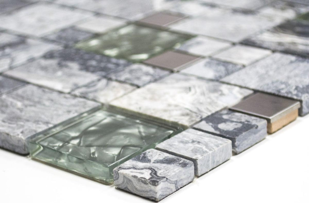 Glasmosaik Kombination Crystal/Stein/Stahl mix grau Transluzent Transparent 3D, Mosaikstein Format: