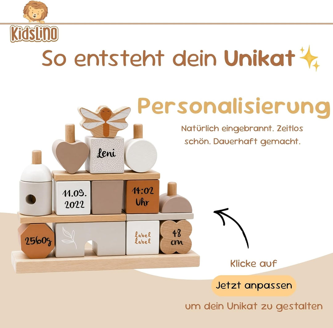 Personalisiertes Holz Steckspiel Haus Nougat – Baby Geschenk zur Geburt für Jungen & Mädchen – mit N
