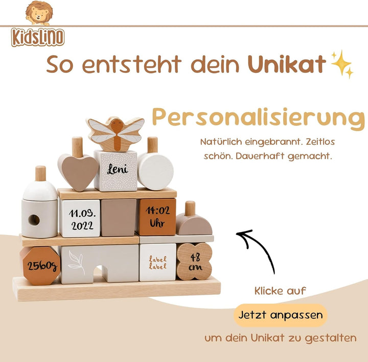 Personalisiertes Holz Steckspiel Haus Nougat – Baby Geschenk zur Geburt für Jungen & Mädchen – mit N