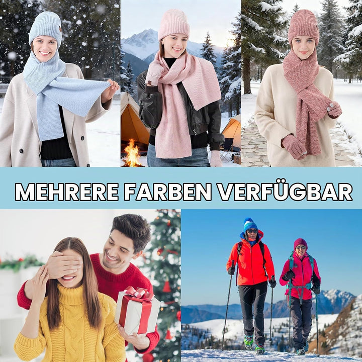 ZASFOU Damen Winter Mütze Schal Touchscreen Handschuhe Set Thermo Beanie Wintermütze Strickmütze Sch
