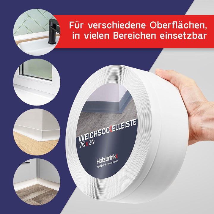 HOLZBRINK Weichsockelleiste PVC 70x20mm, 25 m | Winkelleiste ohne Klebestreifen für Kantenschutz Wan