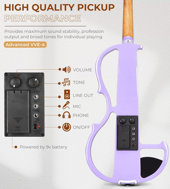 Vangoa 4/4 Elektrische Violine Stille Geige aus Massivem Holz mit Kolophonium, Tragetasche, Kabel, S