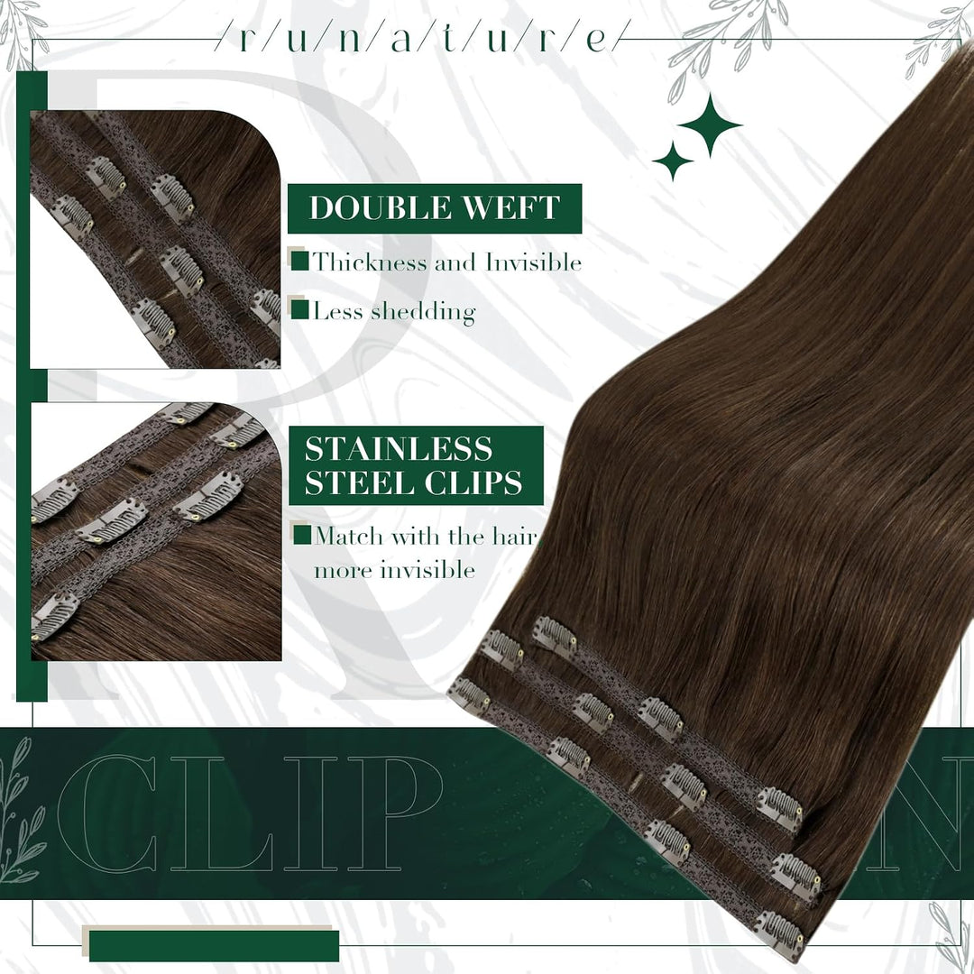 RUNATURE Echthaar Extensions Clip in Mittelbraun Echthaar Clip in Haarverlängerung Echthaar Braun Cl