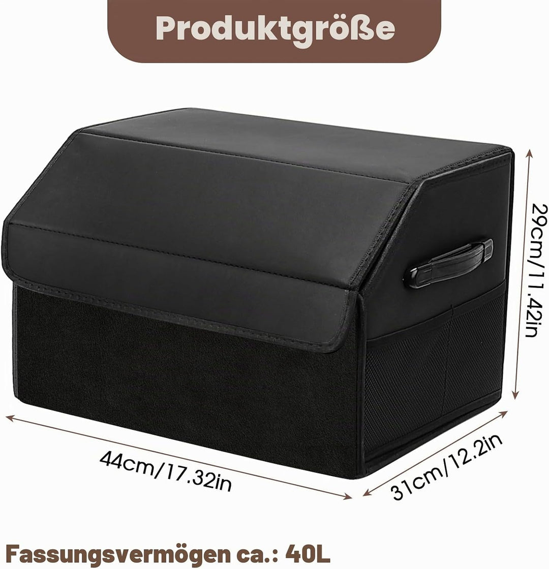 Auto Kofferraum Organizer, 40L Faltbare Leder Kofferraumtasche mit Deckel 44 * 31 * 29cm Autobox Was