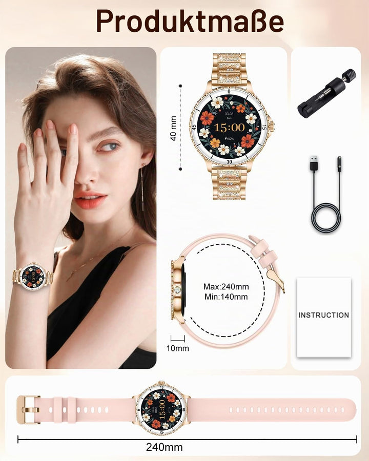 Smartwatch Damen mit Telefonfunktion, 1.27" Smart Watch Rund mit Diamantband für Android iOS, IP68 W