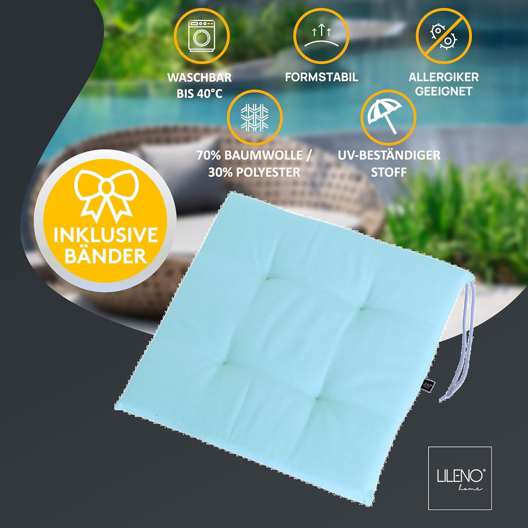 LILENO HOME 4er Set Stuhlkissen Hellblau (40x40x4,5 cm) - Sitzkissen für Gartenstuhl, Küche oder Ess