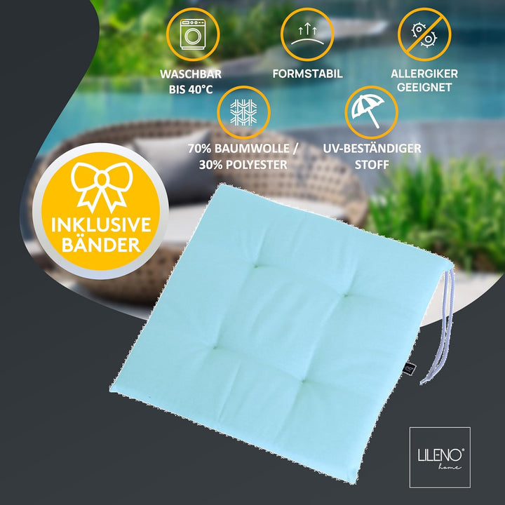 LILENO HOME 4er Set Stuhlkissen Hellblau (40x40x4,5 cm) - Sitzkissen für Gartenstuhl, Küche oder Ess