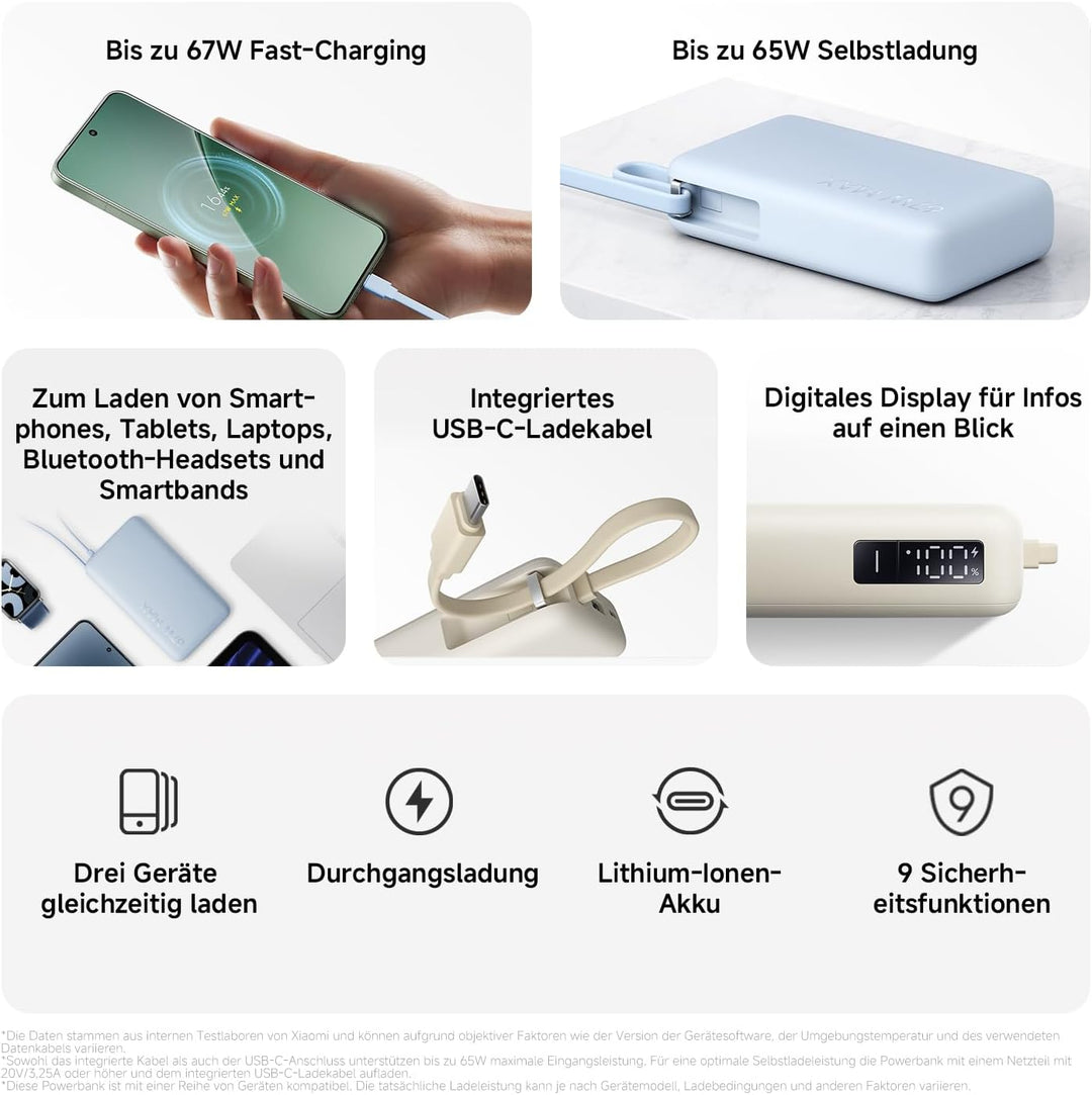 Xiaomi 67W Power Bank 10.000mAh mit USB-C Kabel, Tragbares Ladegerät, Tan | 67W Schnellladen, 10000m