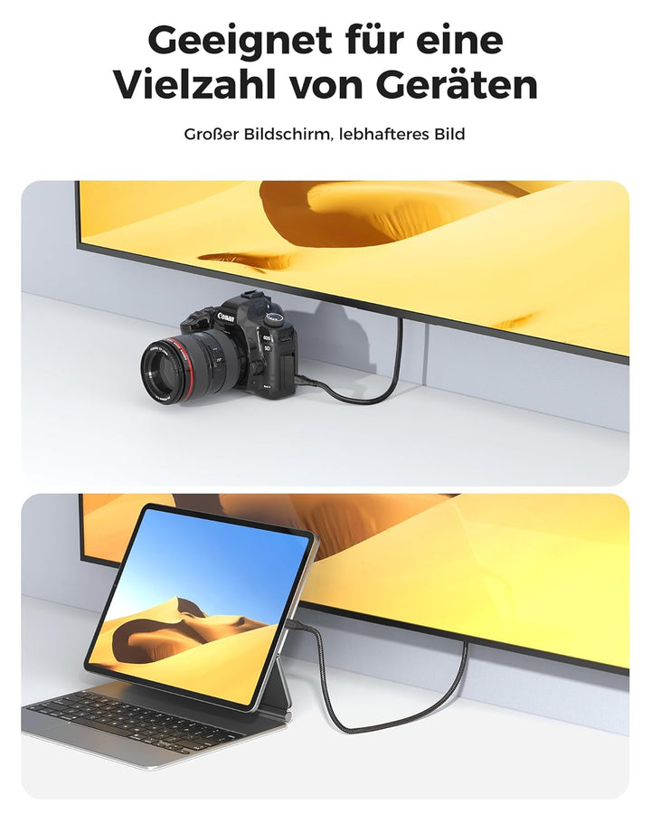 8k Micro HDMI auf HDMI 2.1 Kabel 3M, 8K@60Hz, Micro HDMI Kabelmit Ethernet 3D Full HD 1080P HDR ARC