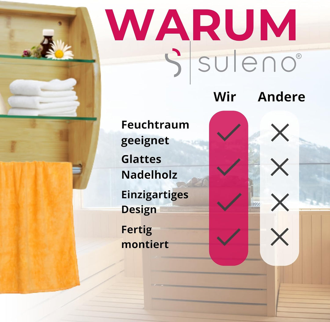 Suleno Sauna Regal aus Nadelholz mit 2 Glaseinlegeböden und Handtuchhalter – Wandregal Sauna Zubehör