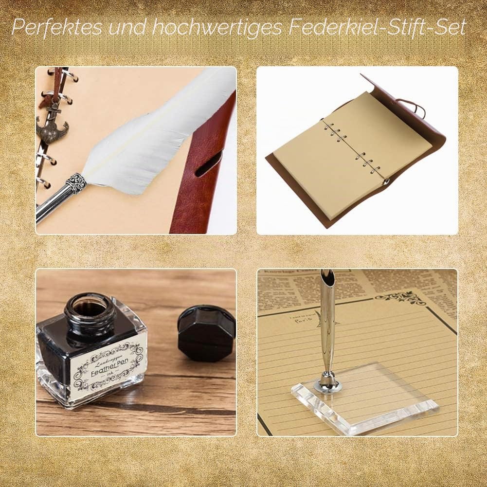 Feather Quill Pen Set, Retro Leder Notizbuch Feather Dip Pen Tintenflasche Set Briefpapier Geschenkb