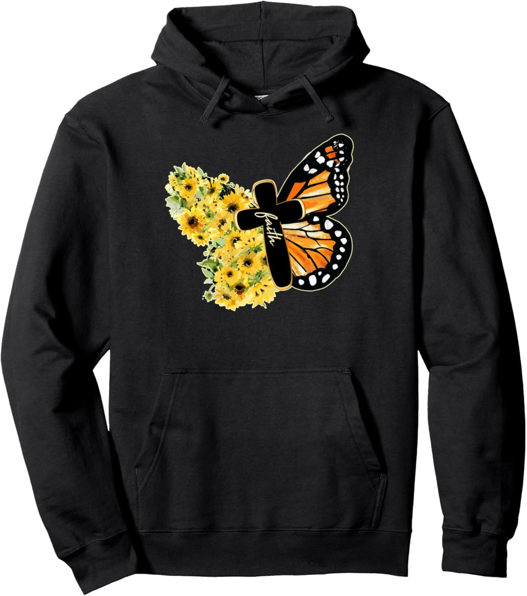 Faith Cross Sunflower Butterfly Christian Vintage Pullover Hoodie