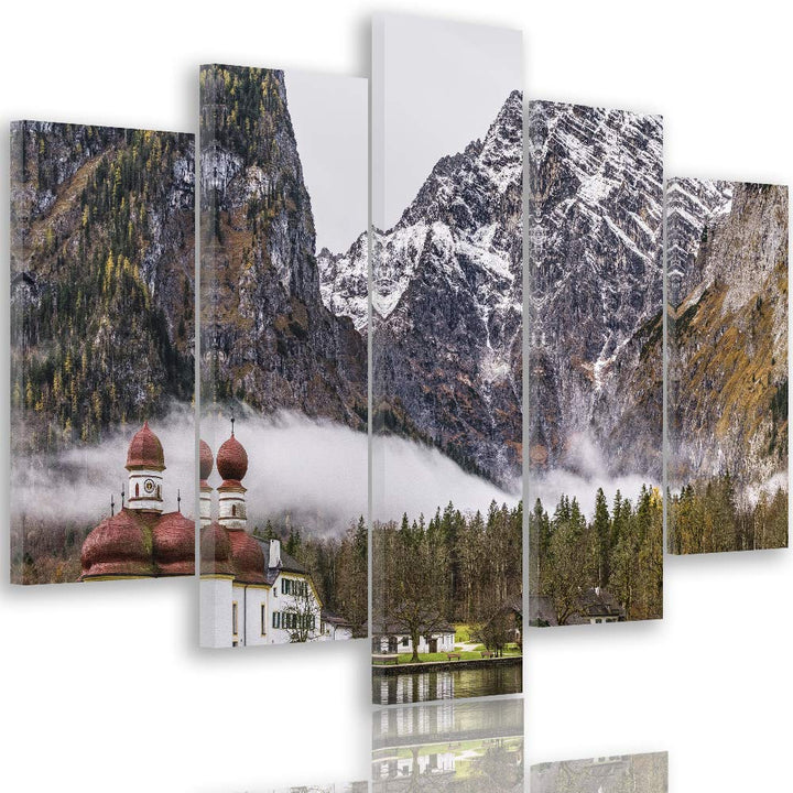 Feeby Bild auf Leinwand Landschaft 5 Teilig Modern Berge Kirche Wasser bunt 150x100 cm Leinwandbild