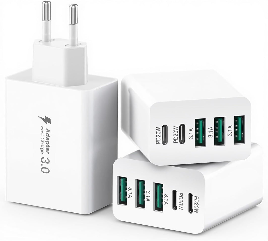 3er Pack USB C Ladegerät 50W, 5 Ports Mehrfach USB Stecker mit【2 USBC+3 USBA】, 50W Netzteil Wand-Lad