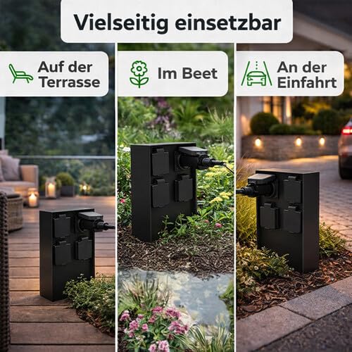 LED Universum Gartensteckdose aus Edelstahl, IP44 für aussen (Schwarz 4-fach), Schwarz 4-fach