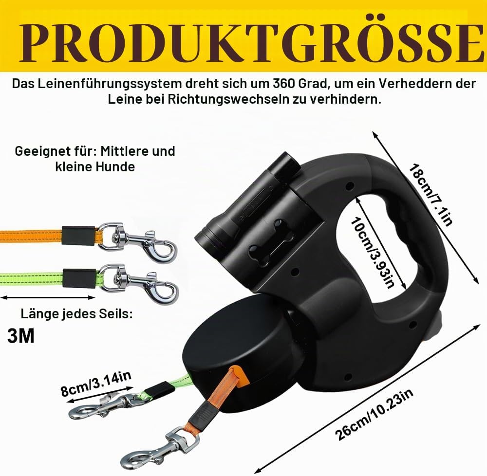 3m Hundeleine Doppelleine für 2 Hunde, Rollleine Einziehbare Hundeleine mit LED Licht, Automatische
