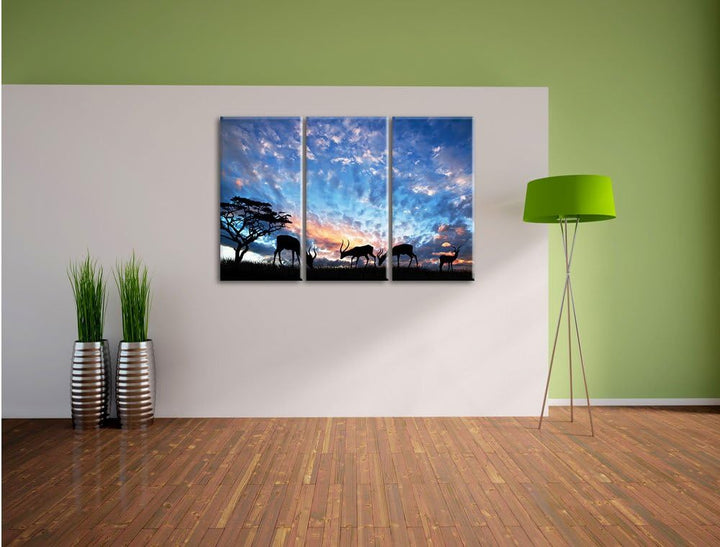 Pixxprint Tiere in der freien Natur am Abend 3-Teiler Leinwandbild 120x80 Bild auf Leinwand