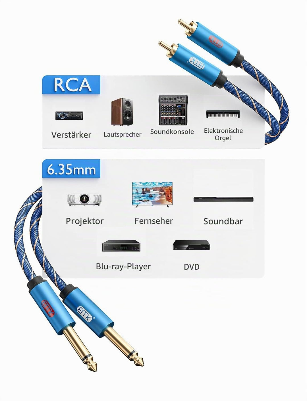 EMK Mono 6,35 mm1/4 auf 2RCA Kabel, Dual 1/4 Zoll TS auf Dual Cinch Verbindungskabel 2 Cinch Stecker