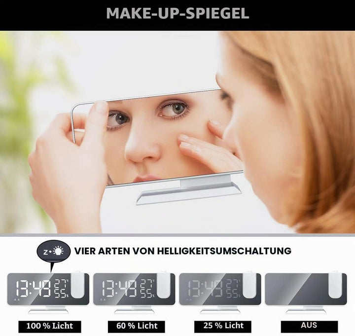 YUNYODA Projektionswecker, digitaler LED-Wecker mit Spiegelfläche, USB-Ladeanschluss, Wiederholung,