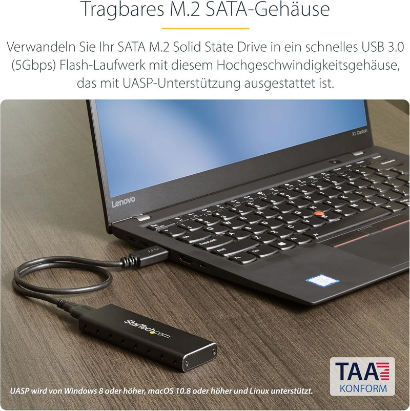 StarTech.com M.2 SSD Aluminiumgehäuse für USB 3.0 (5Gbit/s) mit UASP - Schwarz - M.2 NGFF SATA mit B