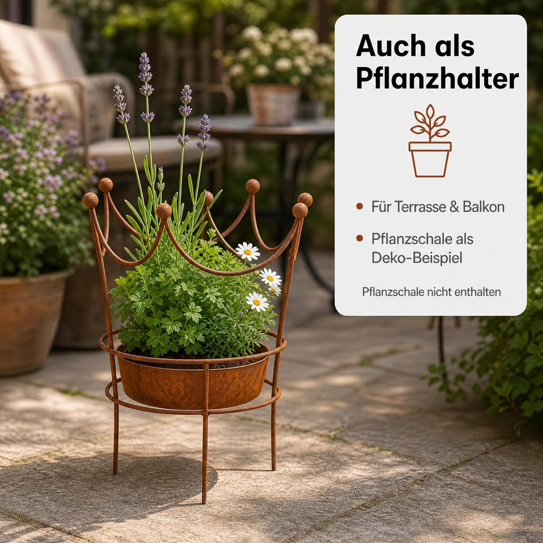 Edelrost Krone Staudenstütze, dekorative Pflanzenstütze aus Metall, nostalgisches Design, wetterfest