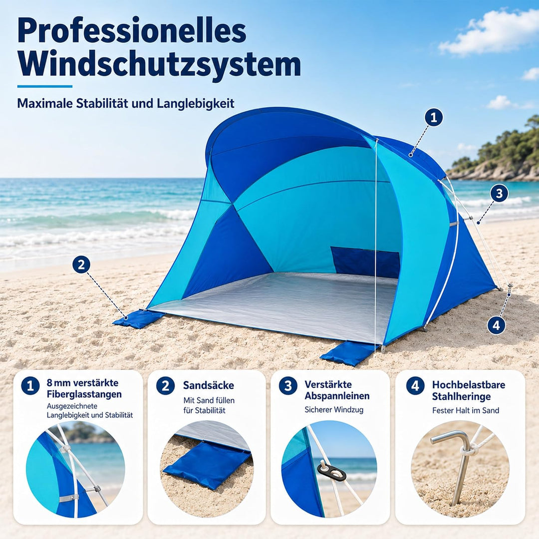 High Peak Strandmuschel mit UPF 40+, Windschutz und PU-2000-mm-Bodenplane | 200 x 150 x 130 cm für 2