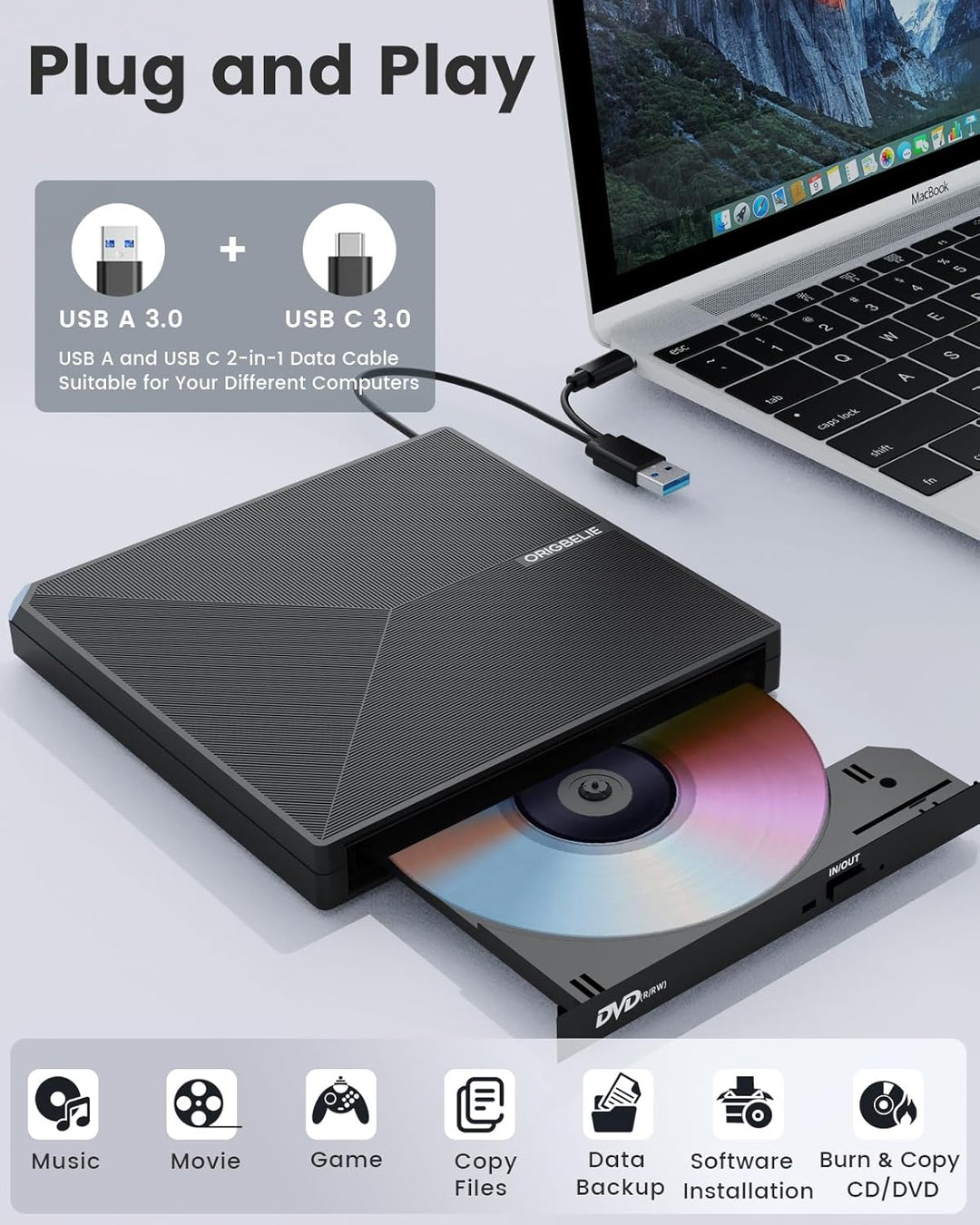ORIGBELIE Externes DVD Laufwerk, USB 3.0 Typ C CD DVD +/-RW Externer DVD Brenner, Ultra-Slim Externe